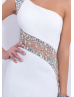 Ivory Jersey Beaded One Shoulder Sheer Back Knee Length Prom Dress